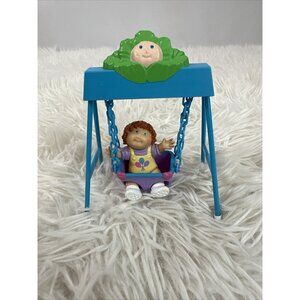 Vintage Cabbage Patch Kids Doll Mini Brown Hair Figurine in Blue Swing 1984
